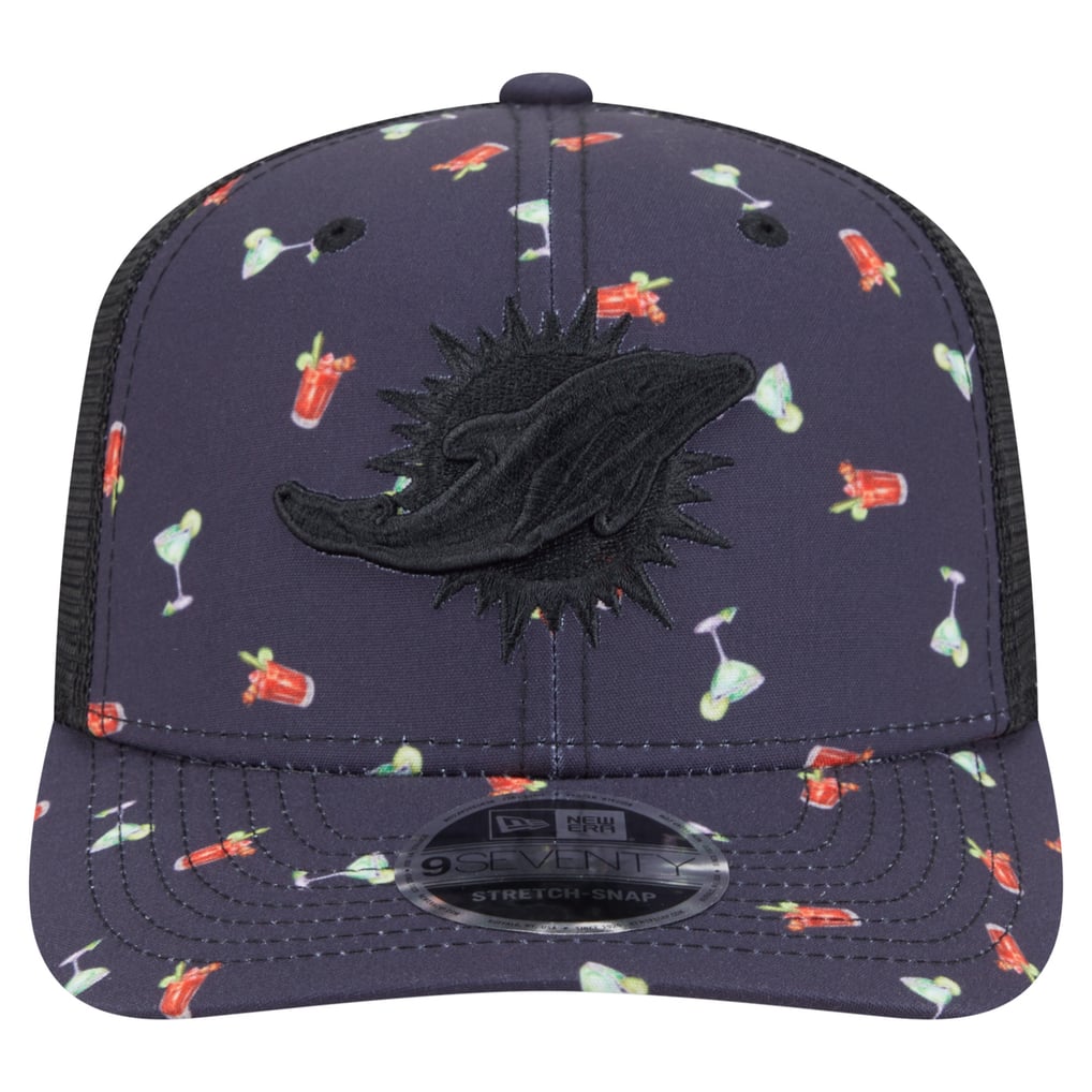  Miami Dolphins New Era Adventure Drinks Pattern 9SEVENTY Stretch-Snap Hat - Navy/Black